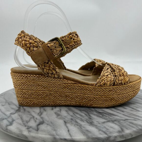 Stuart Weitzman Womens 7.5 Sandals Camel Crochet Braid Wedge Espadrille Platform - Picture 2 of 12